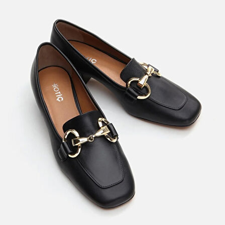 Hakiki Deri Siyah Kadın Kalın Topuk