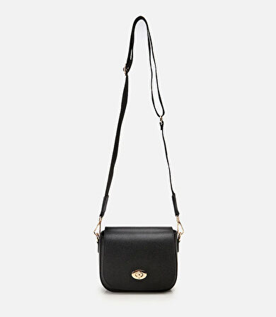 Kadın Deri Siyah Kilit Detaylı Mini Çanta