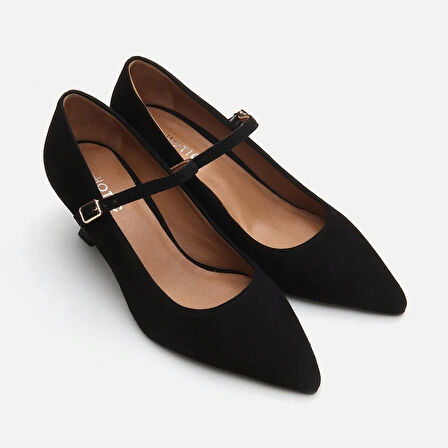 Mary Jane Hakiki Deri Siyah Kadın Stiletto