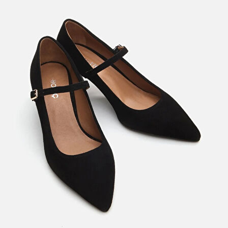 Mary Jane Hakiki Deri Siyah Kadın Stiletto