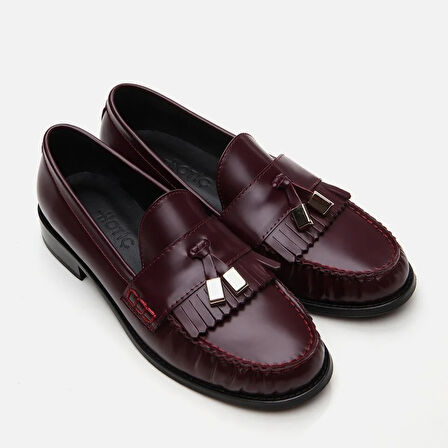 Hakiki Deri Bordo Kadın Loafer
