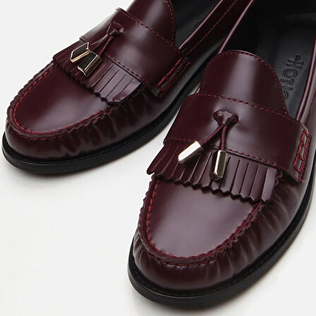 Hakiki Deri Bordo Kadın Loafer