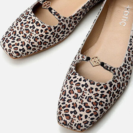 Mary Jane Hakiki Deri Leopar Desenli Kadın Babet