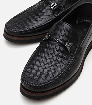 Erkek Deri Siyah Hafif Tabanlı Toka Detaylı Loafer
