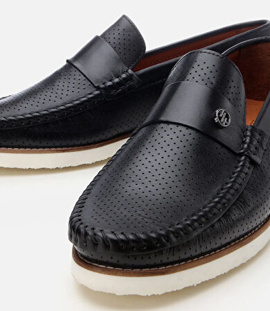 Erkek Deri Siyah Hafif Tabanlı Toka Detaylı Loafer