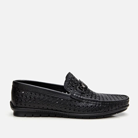 Erkek Deri Siyah Delikli Toka Detaylı Loafer