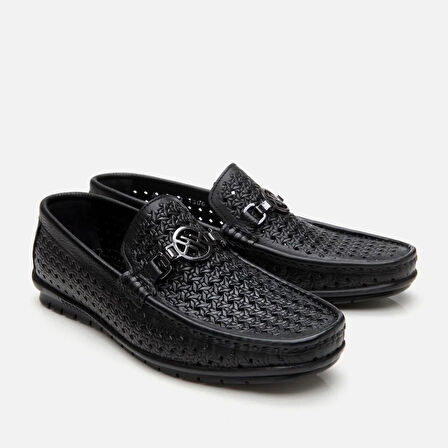 Erkek Deri Siyah Delikli Toka Detaylı Loafer