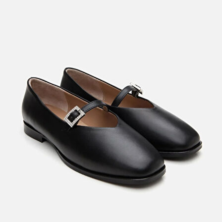 Hakiki Deri Siyah Kadın Tokalı Babet