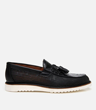 Erkek Deri Siyah Kroko Desenli Püskül Detaylı Günlük Loafer