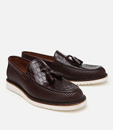 Erkek Deri Kahverengi Kroko Desenli Püskül Detaylı Günlük Loafer