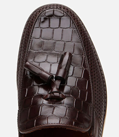 Erkek Deri Kahverengi Kroko Desenli Püskül Detaylı Günlük Loafer