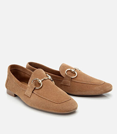 Kadın Süet Deri Taba Tokalı Klasik Loafer