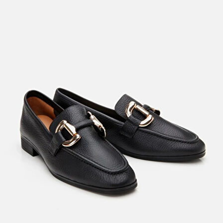 Hakiki Deri Siyah Kadın Tokalı Loafer