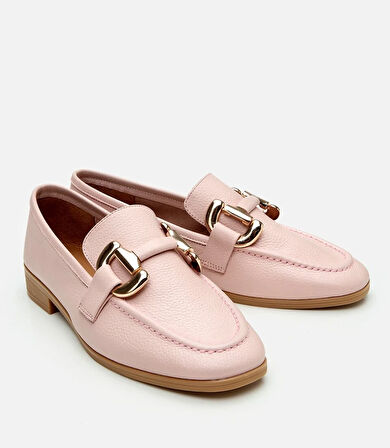 Kadın Deri Pembe Tokalı Loafer