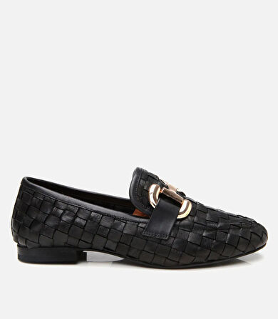 Kadın Deri Siyah Örgü Detaylı Tokalı Klasik Loafer