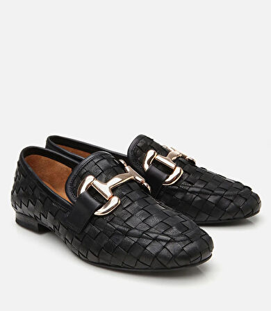 Kadın Deri Siyah Örgü Detaylı Tokalı Klasik Loafer