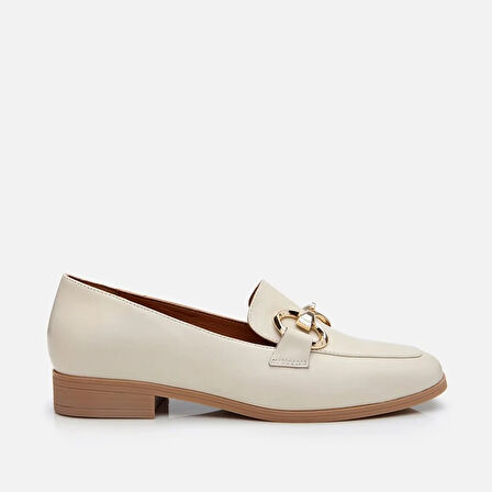 Hakiki Deri Ekru Kadın Tokalı Loafer