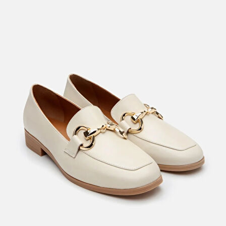 Hakiki Deri Ekru Kadın Tokalı Loafer