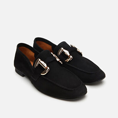 Hakiki Deri Siyah Kadın Tokalı Loafer