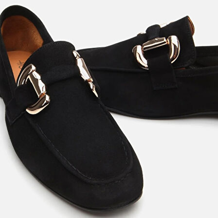 Hakiki Deri Siyah Kadın Tokalı Loafer