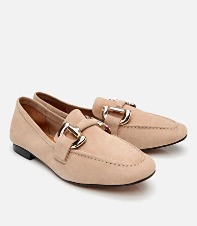 Kadın Süet Deri Bej Tokalı Günlük Loafer