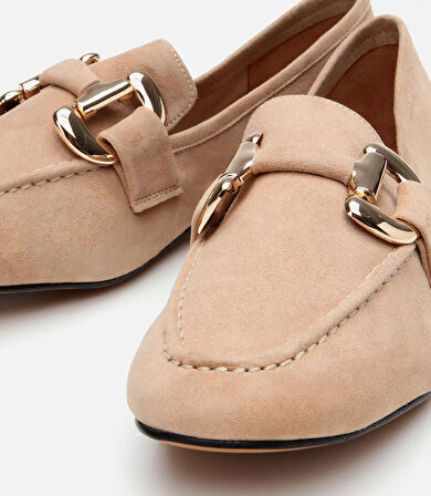 Kadın Süet Deri Bej Tokalı Günlük Loafer
