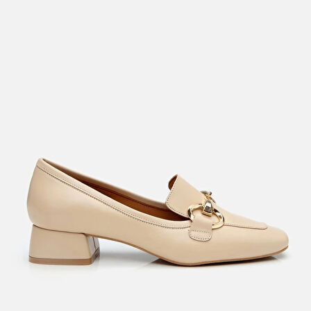 Kadın Deri Bej Tokalı Kalın Topuklu Loafer