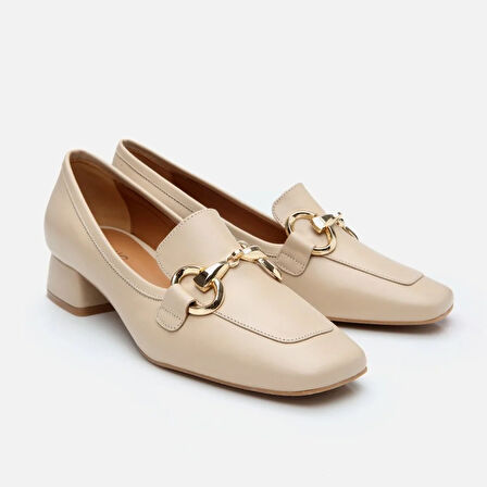 Kadın Deri Bej Tokalı Kalın Topuklu Loafer