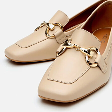 Kadın Deri Bej Tokalı Kalın Topuklu Loafer