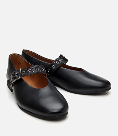 Kadın Deri Siyah Mary Jane Kemerli Babet