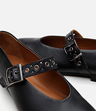 Kadın Deri Siyah Mary Jane Kemerli Babet