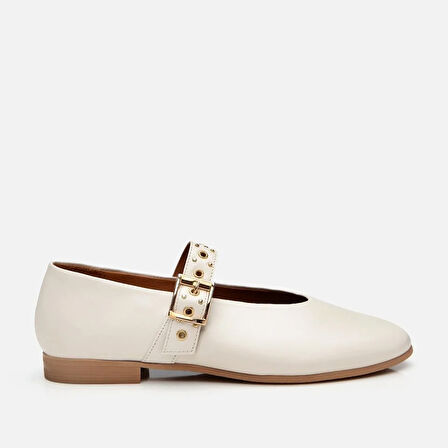 Kadın Deri Ekru Mary Jane Kemerli Babet