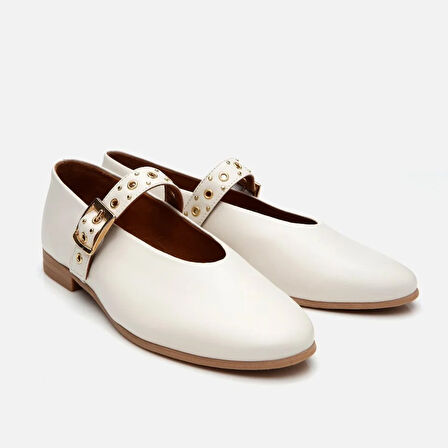 Kadın Deri Ekru Mary Jane Kemerli Babet