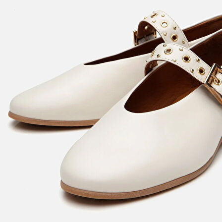 Kadın Deri Ekru Mary Jane Kemerli Babet