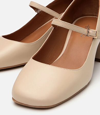 Kadın Deri Bej Mary Jane Kalın Topuklu Ayakkabı
