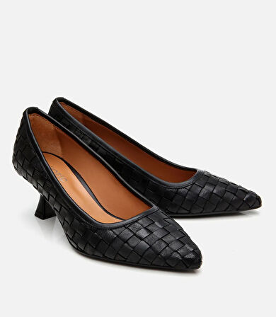 Kadın Deri Siyah Örgü Detaylı Stiletto