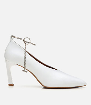 Kadın Deri Ekru Zincir Detaylı Stiletto