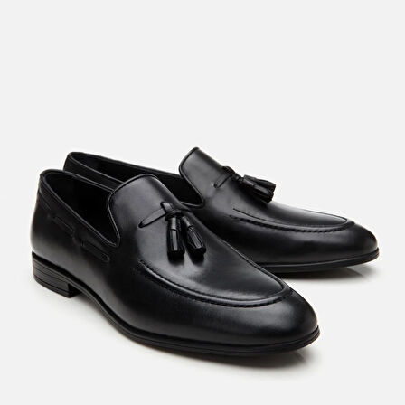 Erkek Deri Siyah Püskül Detaylı Loafer