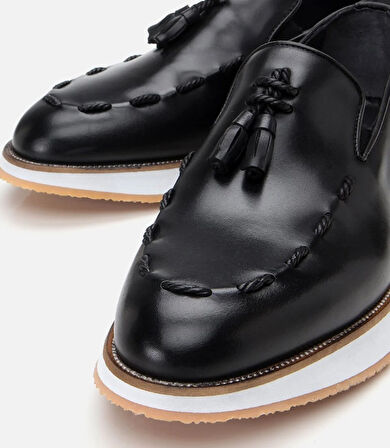 Erkek Deri Siyah Püskül Detaylı Loafer