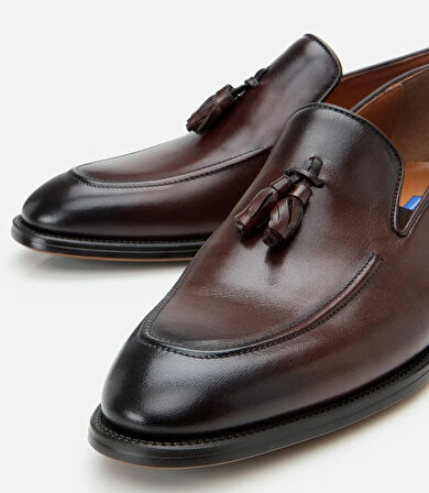 Erkek Deri Kahverengi Püskül Detaylı Klasik Loafer