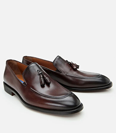 Erkek Deri Kahverengi Püskül Detaylı Klasik Loafer