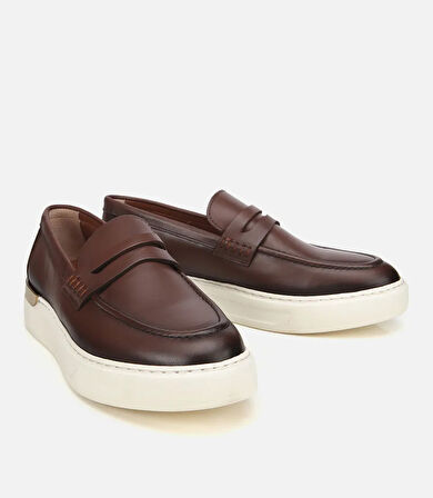 Erkek Deri Kahverengi Topuk Detaylı Şık Günlük Loafer