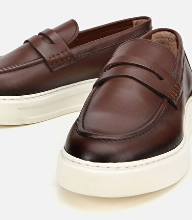 Erkek Deri Kahverengi Topuk Detaylı Şık Günlük Loafer