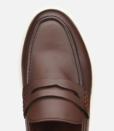 Erkek Deri Kahverengi Topuk Detaylı Şık Günlük Loafer