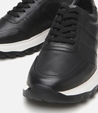 Erkek Deri Siyah Ultra Hafif Tabanlı Spor Ayakkabı