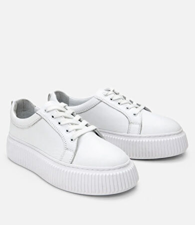 Kadın Deri Beyaz Kalın Tabanlı Spor Ayakkabı