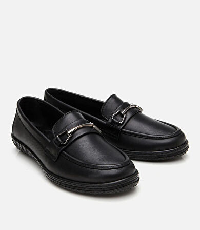 Kadın Deri Siyah Tokalı Günlük Loafer