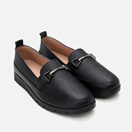 Hakiki Deri Siyah Kadın Tokalı Loafer