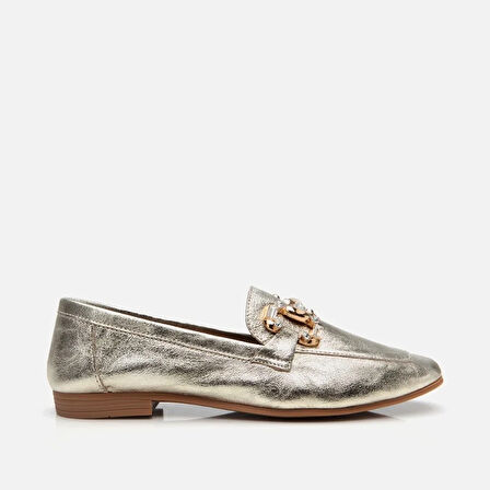 Hakiki Deri Gold Kadın Tokalı Loafer
