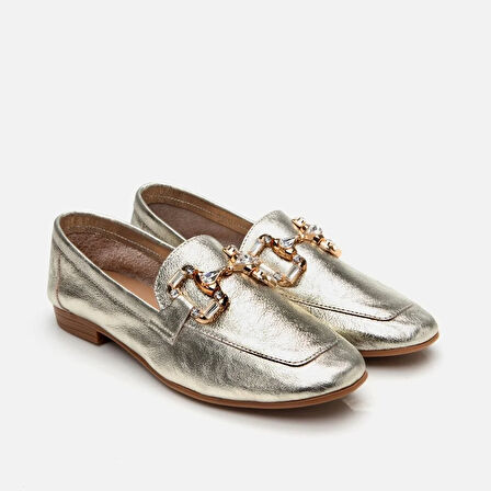 Hakiki Deri Gold Kadın Tokalı Loafer